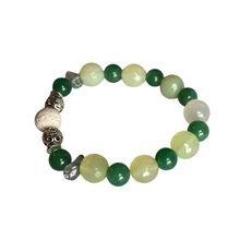 Load image into Gallery viewer, Rich, green Aventurine alternates with pale green Agates. A white lava bead, enveloped by two filigree silver beads, ensures you can always breathe in your favorite scent. Apply 1-2 drops your favorite essential oil to your lava bead. Type: Diffuser Stretch Bracelet Bead sizes: 8mm, 10mm