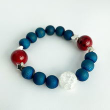 Load image into Gallery viewer, Star-Spangled Blue || Glass Red Beads, White Crackle Quartz, Blue Agates || Silver Stars || Stretch Bracelet
