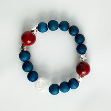 Load image into Gallery viewer, Star-Spangled Blue || Glass Red Beads, White Crackle Quartz, Blue Agates || Silver Stars || Stretch Bracelet