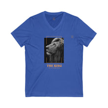 Load image into Gallery viewer, V-Neck Tee, 100% cotton, Lion Graphic &quot;The King is Coming&quot; on front, Daniel 7:14 on back, Inspirational T-shirt
