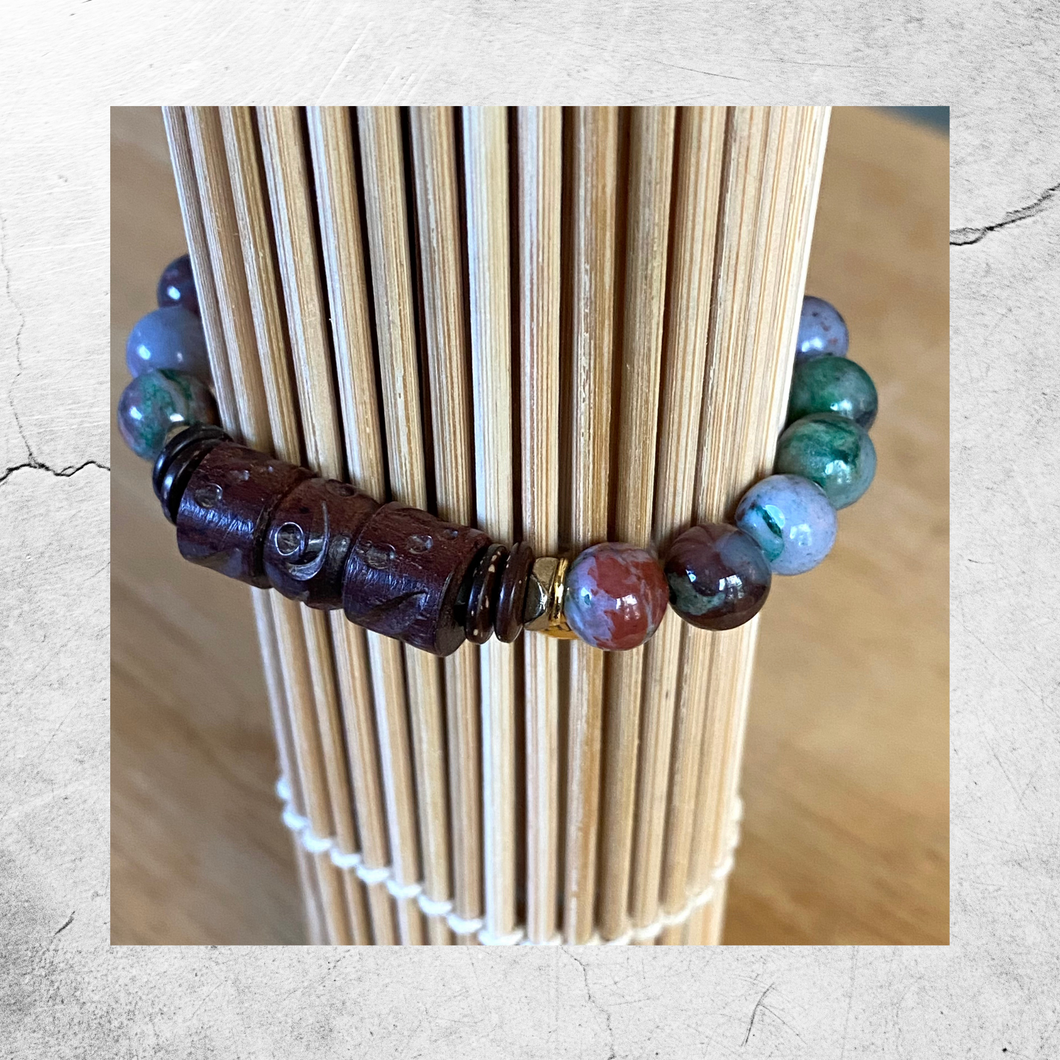 Esssential Oil  Bracelet || Tibetan Pyrite and Carved Wood