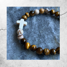 Load image into Gallery viewer, Ivory Stone Cross Bracelet || Tiger Eye &amp; Zebra Jasper Beads
