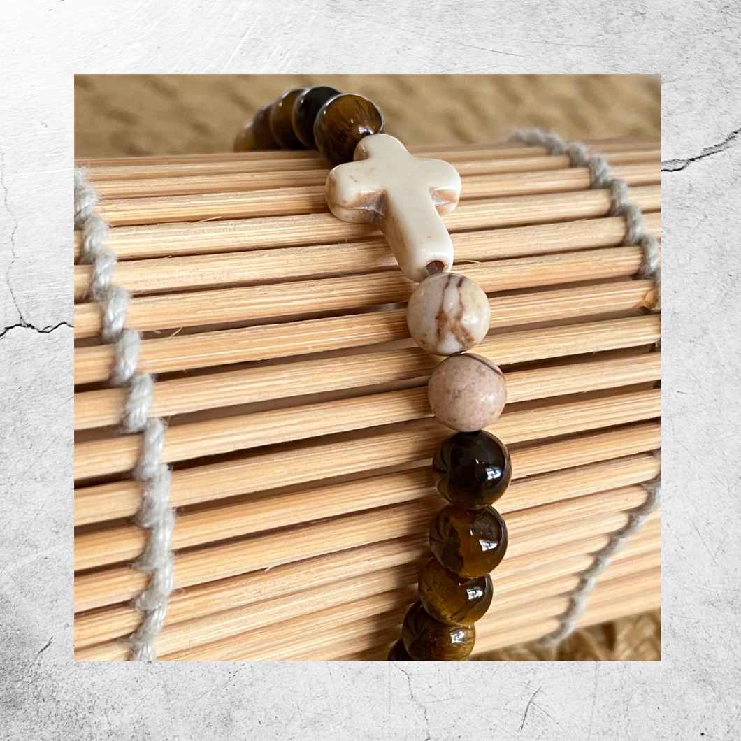 Ivory Stone Cross Bracelet || Tiger Eye & Zebra Jasper Beads