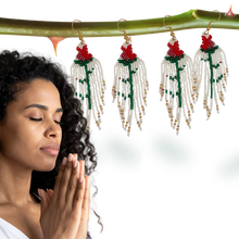 Load image into Gallery viewer, Beaded Long-Stem Red Rose Fringe Earrings
