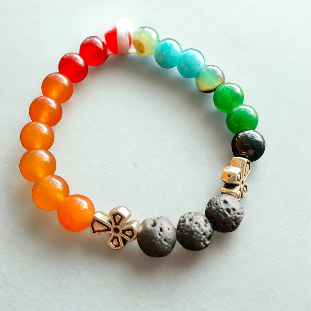 Essential Oil Bracelet, Chakra Stones, Metal Cross Connectors, Black Lava Beads