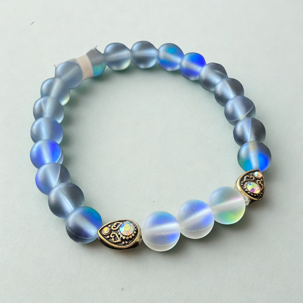 Stretch Bracelet, Blue and Clear Mystic Aura Beads, Accented by Silver Jeweled Teardrops