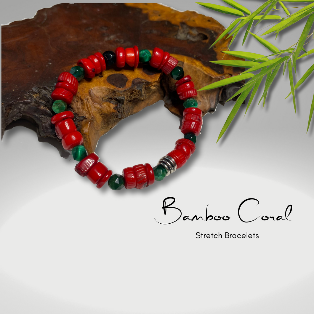Red Bamboo Coral and Green Tiger Eye Stretch Bracelet
