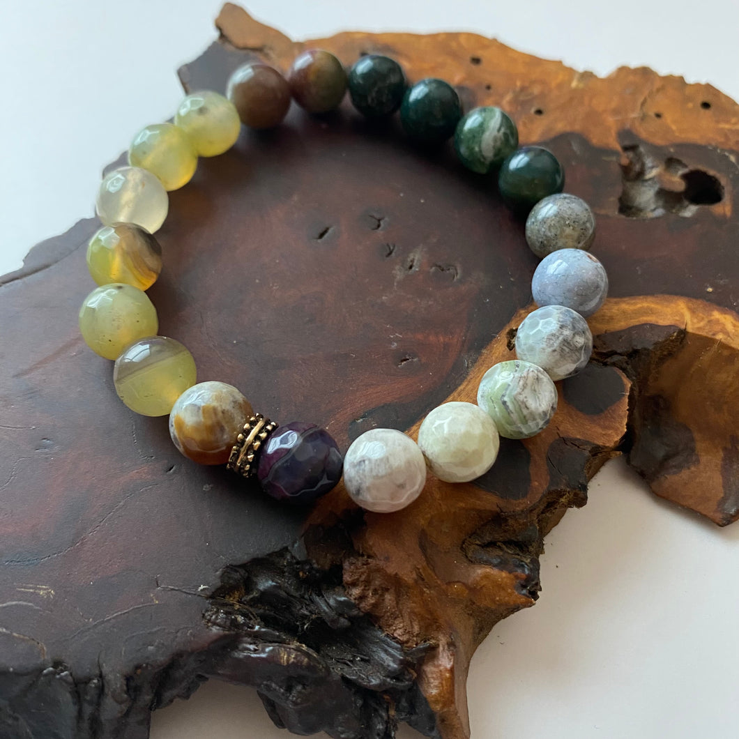 Stretch Bracelet, Faceted Agate Beads and Brass Spacer