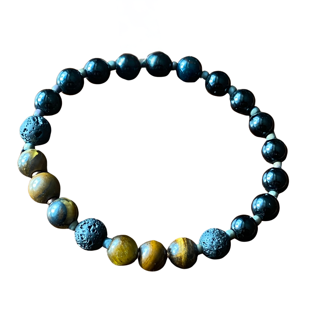 Essential Oil Bracelet, Polished Tiger Eye and Black Onyx Beads, Black Lava Bead