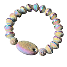 Load image into Gallery viewer, Essential Oil Bracelet, Blue UFO-shaped Iridescent Glass Beads, Iridescent Oval Focal, Iridescent Lava Stones
