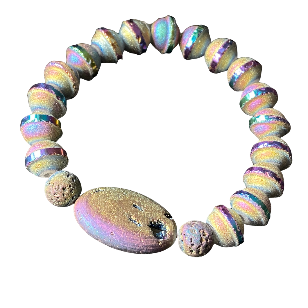 Essential Oil Bracelet, Blue UFO-shaped Iridescent Glass Beads, Iridescent Oval Focal, Iridescent Lava Stones