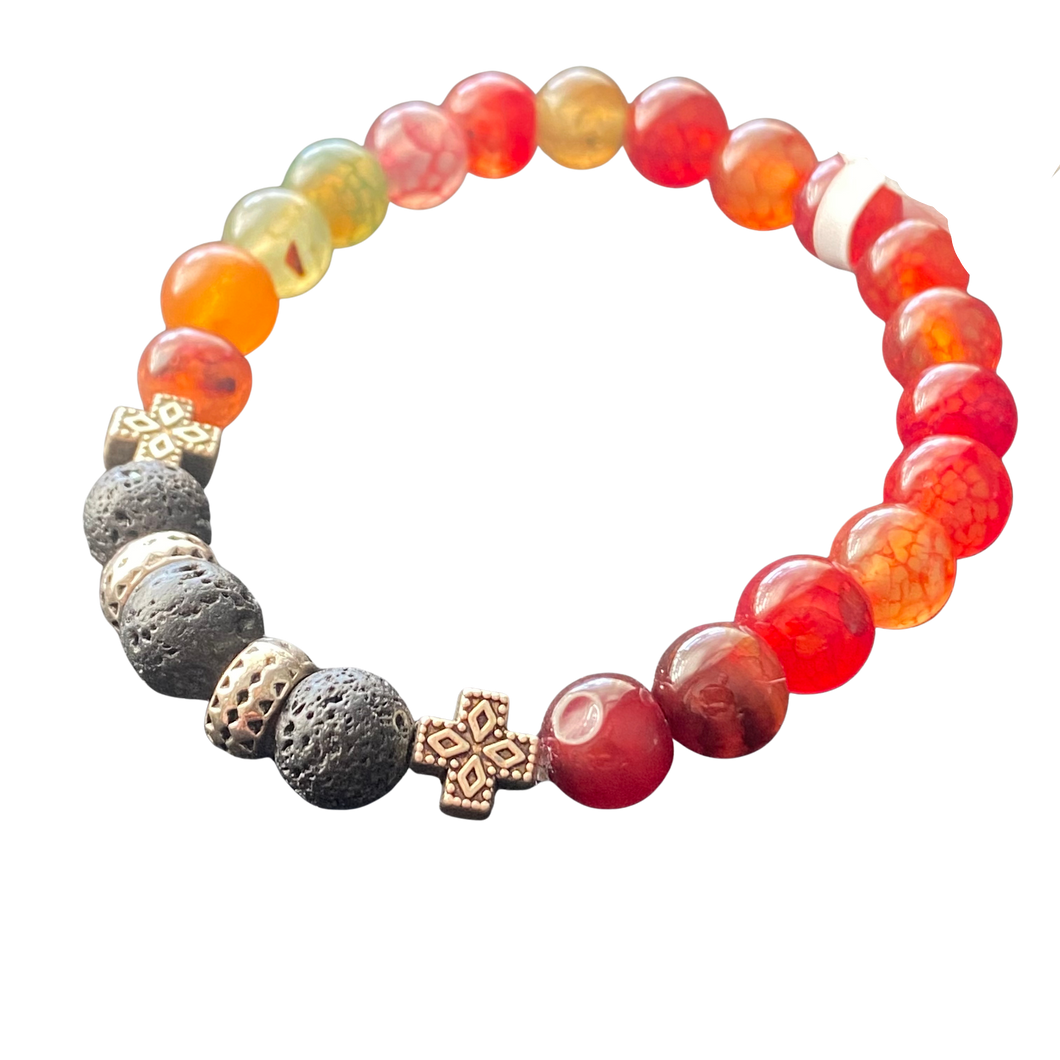Essential Oil Bracelet, 8mm Chakra Beads and Black Lava, Silver Crosses and Accents