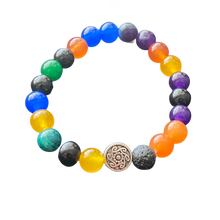 Load image into Gallery viewer, Essential Oil Bracelet, Chakra Stones, Silver Metal Coin accent, Stretch Bracelet
