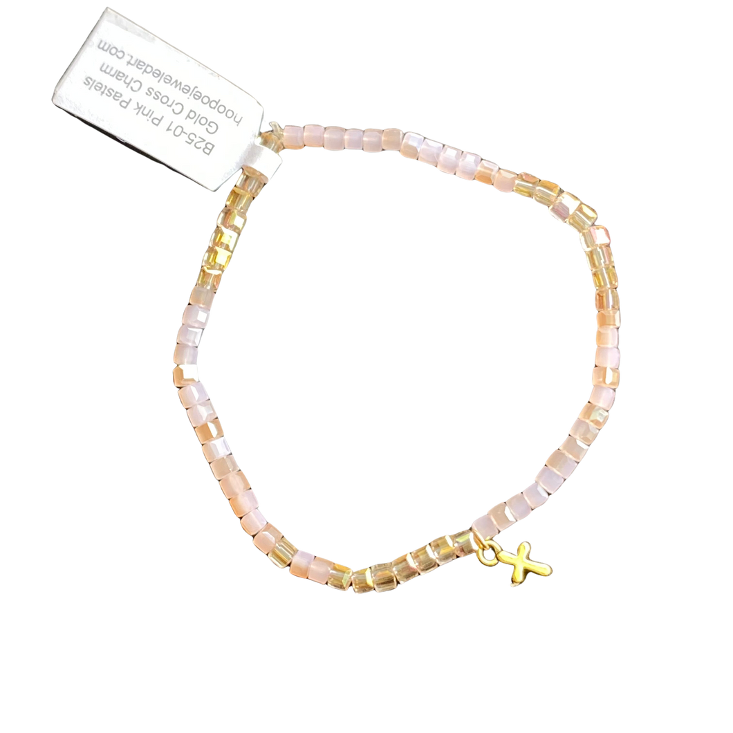 Pink Pastel Glass Cubes with Gold Mini-Cross, Stretch Bracelet, Petite Bracelet