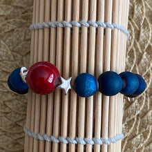 Load image into Gallery viewer, Star-Spangled Blue || Glass Red Beads, White Crackle Quartz, Blue Agates || Silver Stars || Stretch Bracelet
