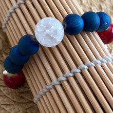 Load image into Gallery viewer, Star-Spangled Blue || Glass Red Beads, White Crackle Quartz, Blue Agates || Silver Stars || Stretch Bracelet

