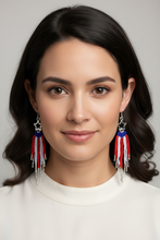 Load image into Gallery viewer, USA Patriotic Long Fringe Earrings in Red White and Blue
