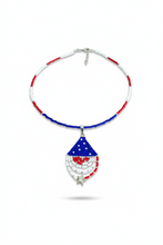 Load image into Gallery viewer, Patriotic Necklace in Red White Blue Beads, Pendant of USA Flag Drape
