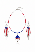 Load image into Gallery viewer, Patriotic Necklace in Red White Blue Beads, Pendant of USA Flag Drape
