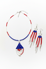 Load image into Gallery viewer, Patriotic Necklace in Red White Blue Beads, Pendant of USA Flag Drape
