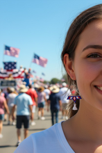 Load image into Gallery viewer, Beaded Red, White &amp; Blue Patriotic Earring Triangle Hoops with White Tassel
