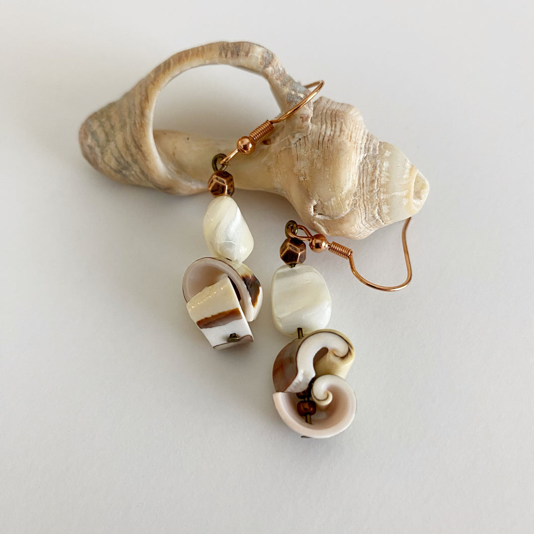 Shell Earrings - Polished Nuggets and Curlicues Dangle from Rose-Gold Ear Wires