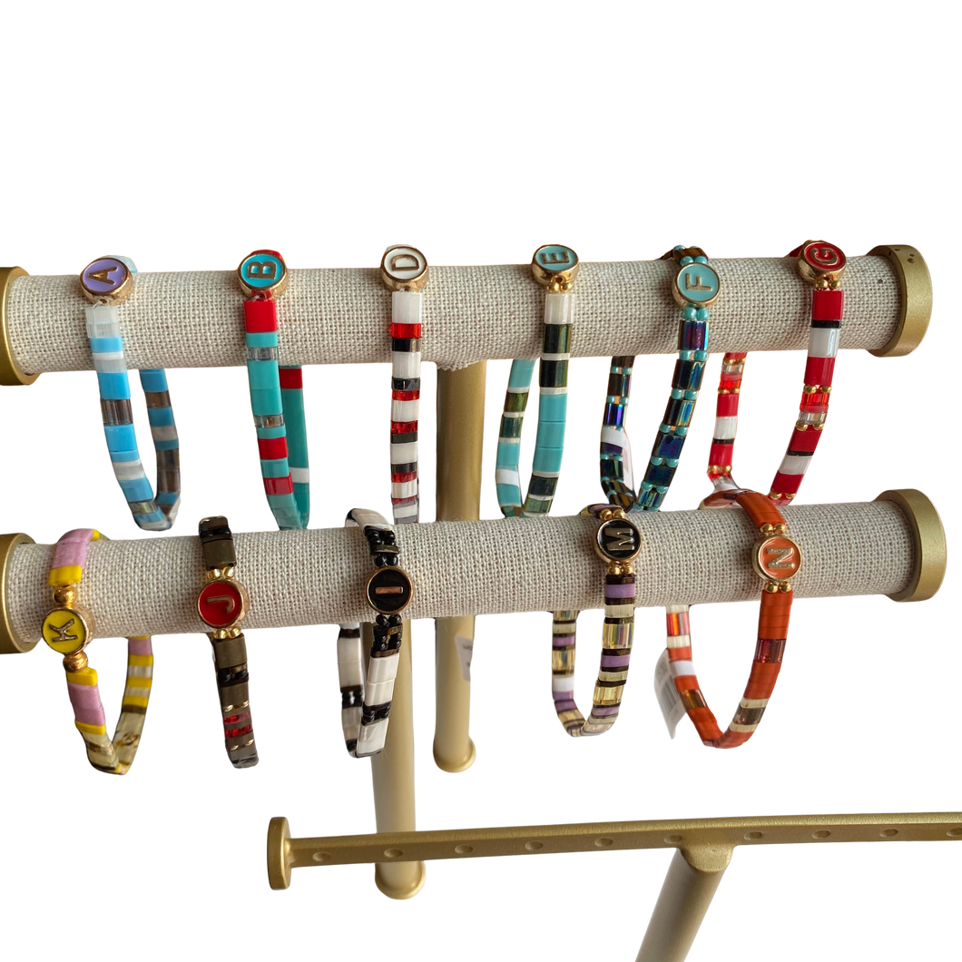 Tila Bead Stretch Bracelet Featuring Solitary Alphabet Letter for Women/Youth, Stackable Bracelets, Initial Bracelet, Colorful Tile Bracelet