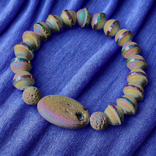 Load image into Gallery viewer, Essential Oil Bracelet, Blue UFO-shaped Iridescent Glass Beads, Iridescent Oval Focal, Iridescent Lava Stones
