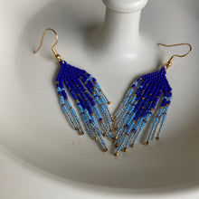 Load image into Gallery viewer, Cobalt Blue, Light Blue &amp; 14K Gold Beaded Fringe Earrings
