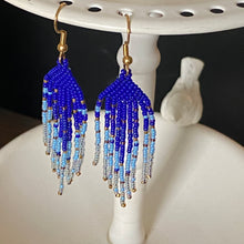 Load image into Gallery viewer, Cobalt Blue, Light Blue &amp; 14K Gold Beaded Fringe Earrings
