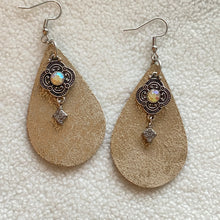 Load image into Gallery viewer, Metallic Gold-Flecked Leather Earrings, Metal &amp; Crystal Accent Dangles from Stainless Steel Ear Wires
