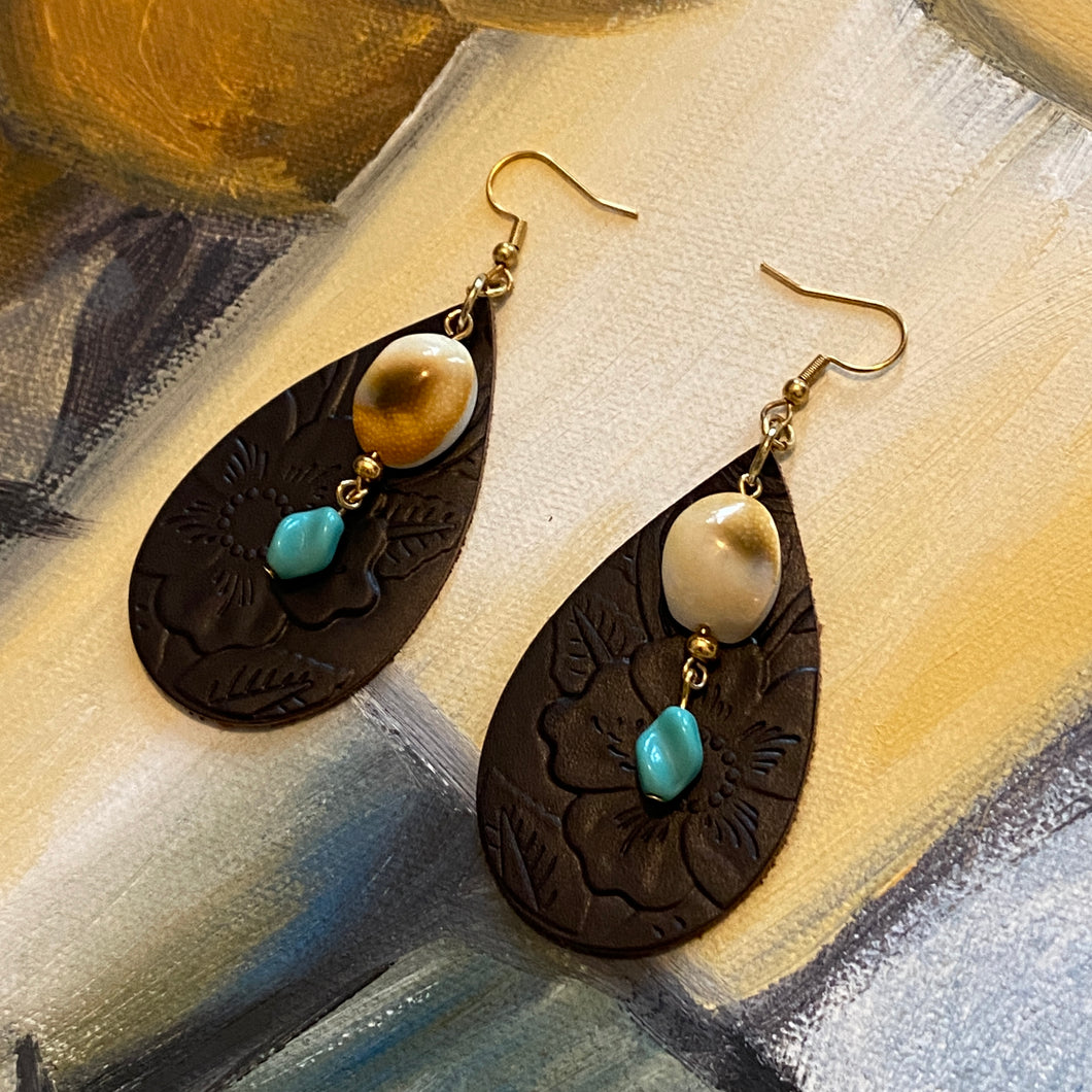 Brown Teardrop Leather Etched with Rose, Coordinating Shell & Turquoise Dangle from Gold-plated Stainless Steel Ear wires