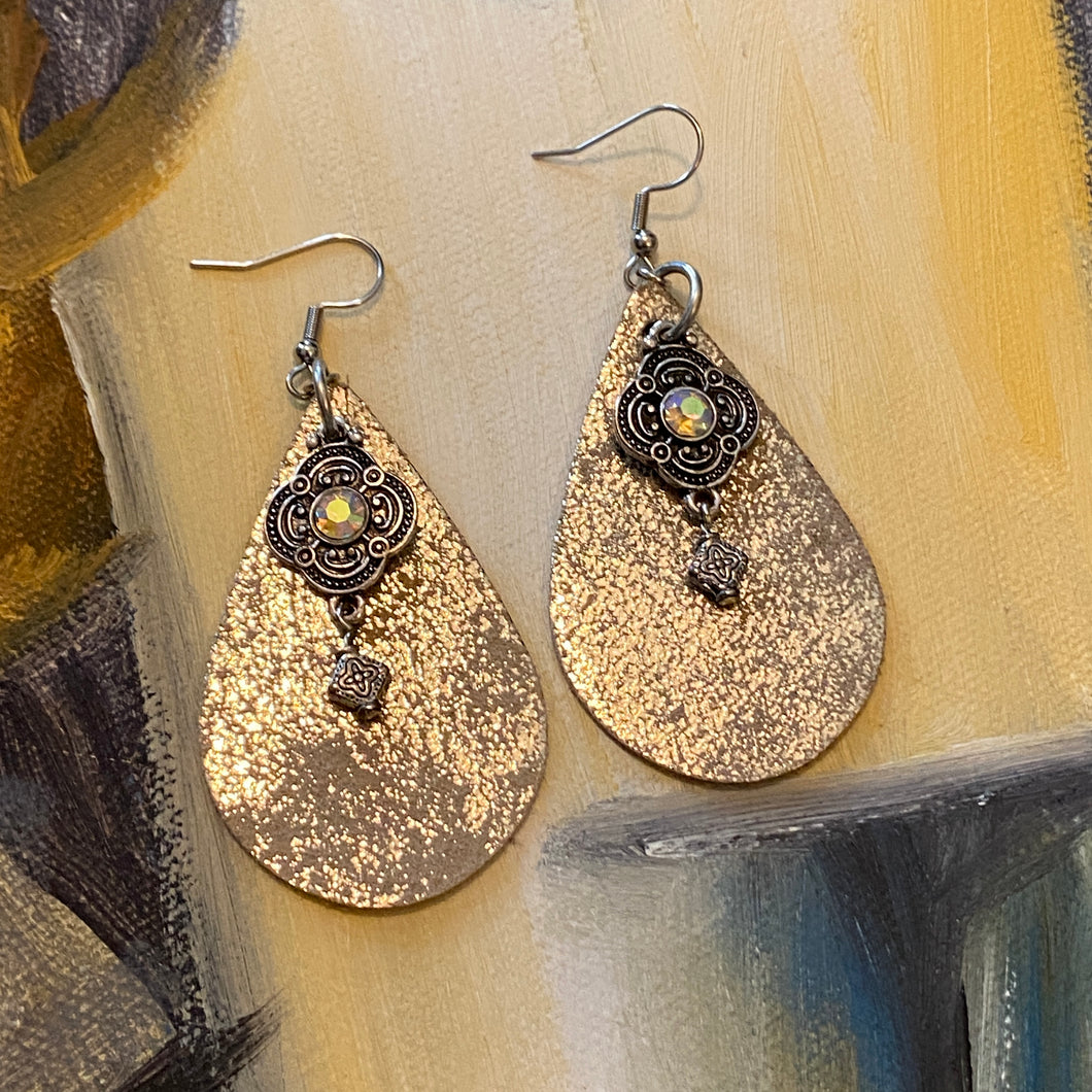 Metallic Gold-Flecked Leather Earrings, Metal & Crystal Accent Dangles from Stainless Steel Ear Wires