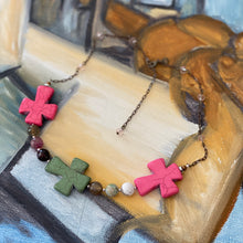 Load image into Gallery viewer, Large Focal Cross Necklace, 3 Crosses in Pink and Green, Pink Sparkly Beads, 21 inch Brass Chain, Accents of Silver
