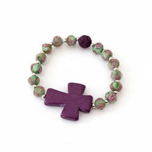 Load image into Gallery viewer, Essential Oil Bracelet, Bold Purple Cross Focal, Glass Beads in Green with Purple Roses

