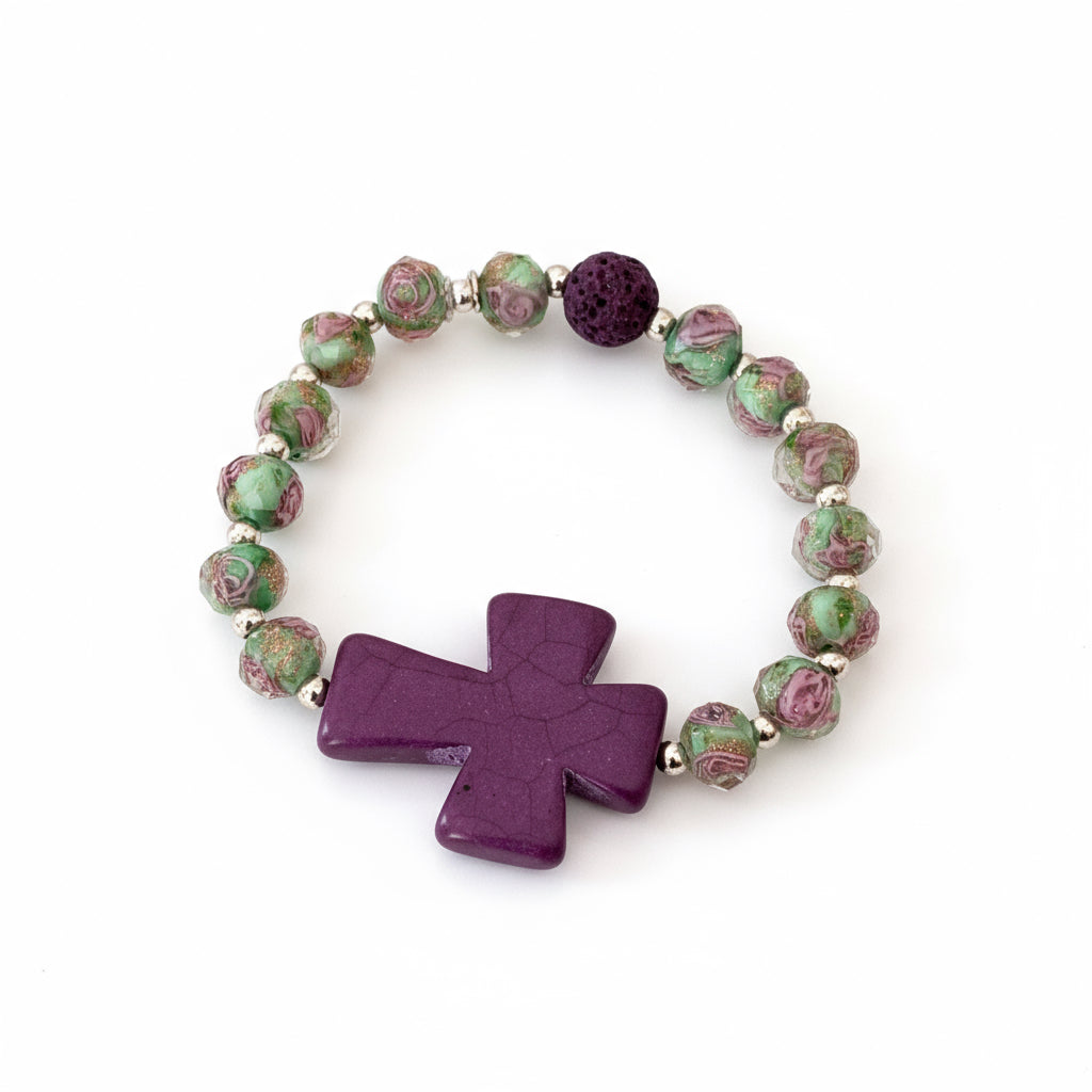 Essential Oil Bracelet, Bold Purple Cross Focal, Glass Beads in Green with Purple Roses