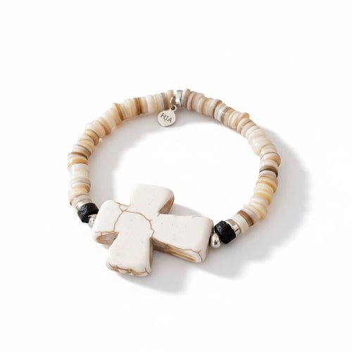 Large Crackle Beige Focal Cross surrounded by shell heishi disks, black disk lava beads