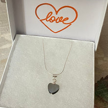 Load image into Gallery viewer, Sterling Silver necklace with an iridescent heart pendant in a box stamped with 'love'
