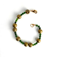 Load image into Gallery viewer, Golden Agates sparkle in contrast to the pure green Jade beads. 14K gold-plated clasp gives this bracelet an elegant appeal.   Type: Clasp Bracelet Size: 7

