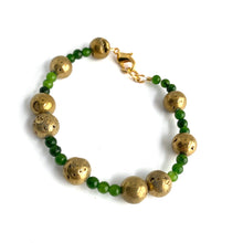 Load image into Gallery viewer, Golden Agates sparkle in contrast to the pure green Jade beads. 14K gold-plated clasp gives this bracelet an elegant appeal.   Type: Clasp Bracelet Size: 7
