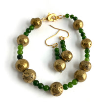 Load image into Gallery viewer, Golden Agates sparkle in contrast to the pure green Jade beads. 14K gold-plated clasp gives this bracelet an elegant appeal.   Type: Clasp Bracelet Size: 7
